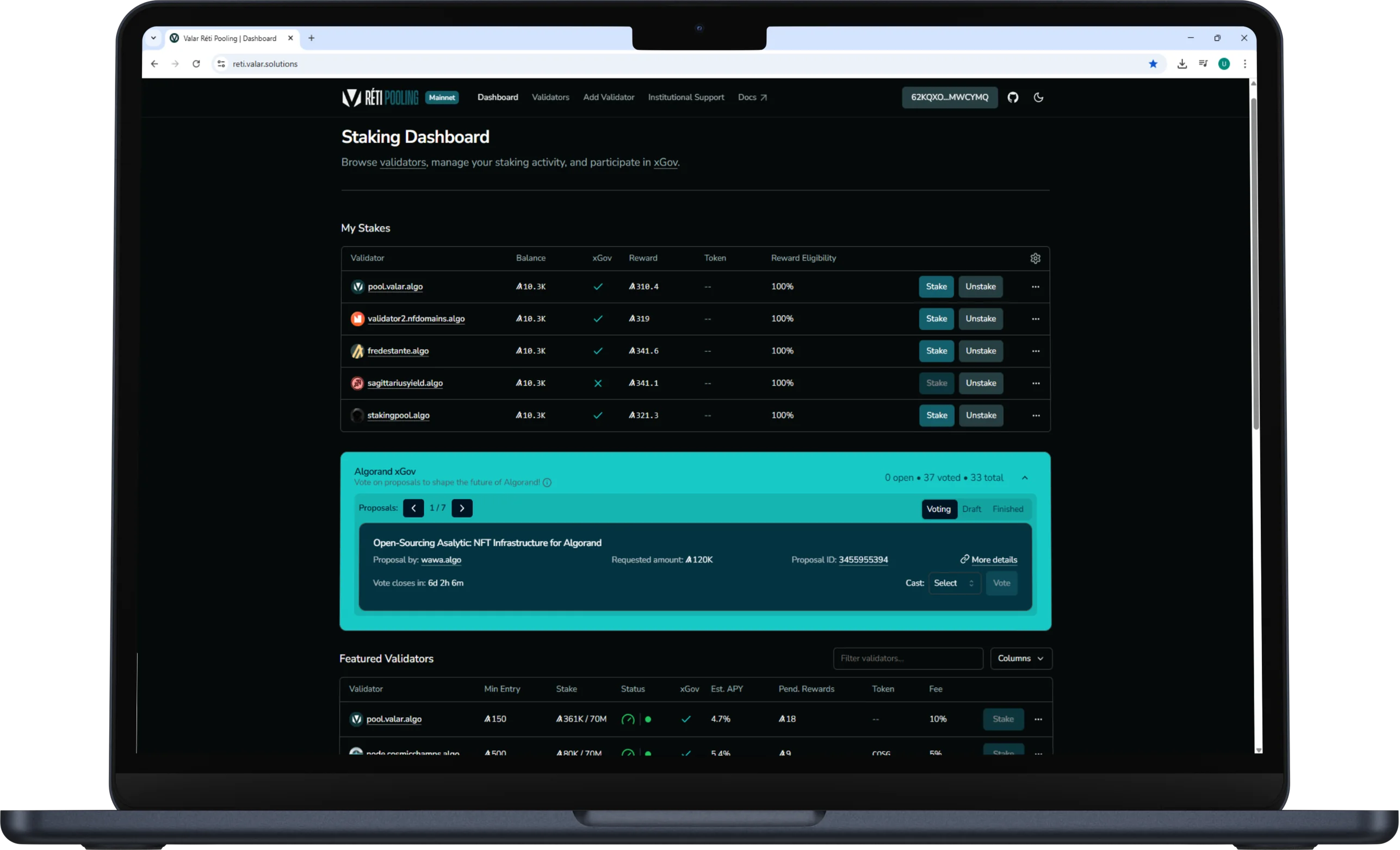 Reti staking app interface