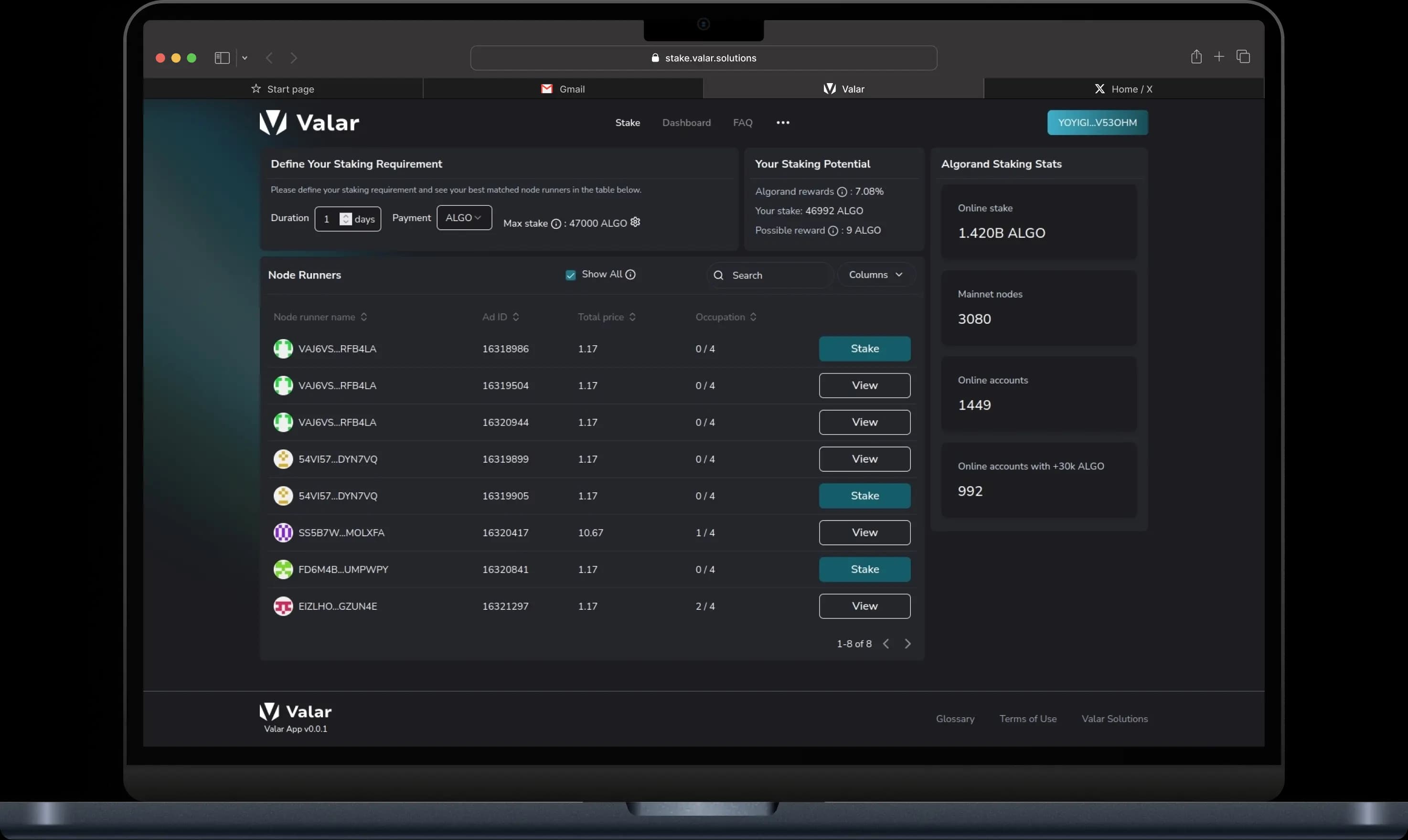 Valar staking app interface