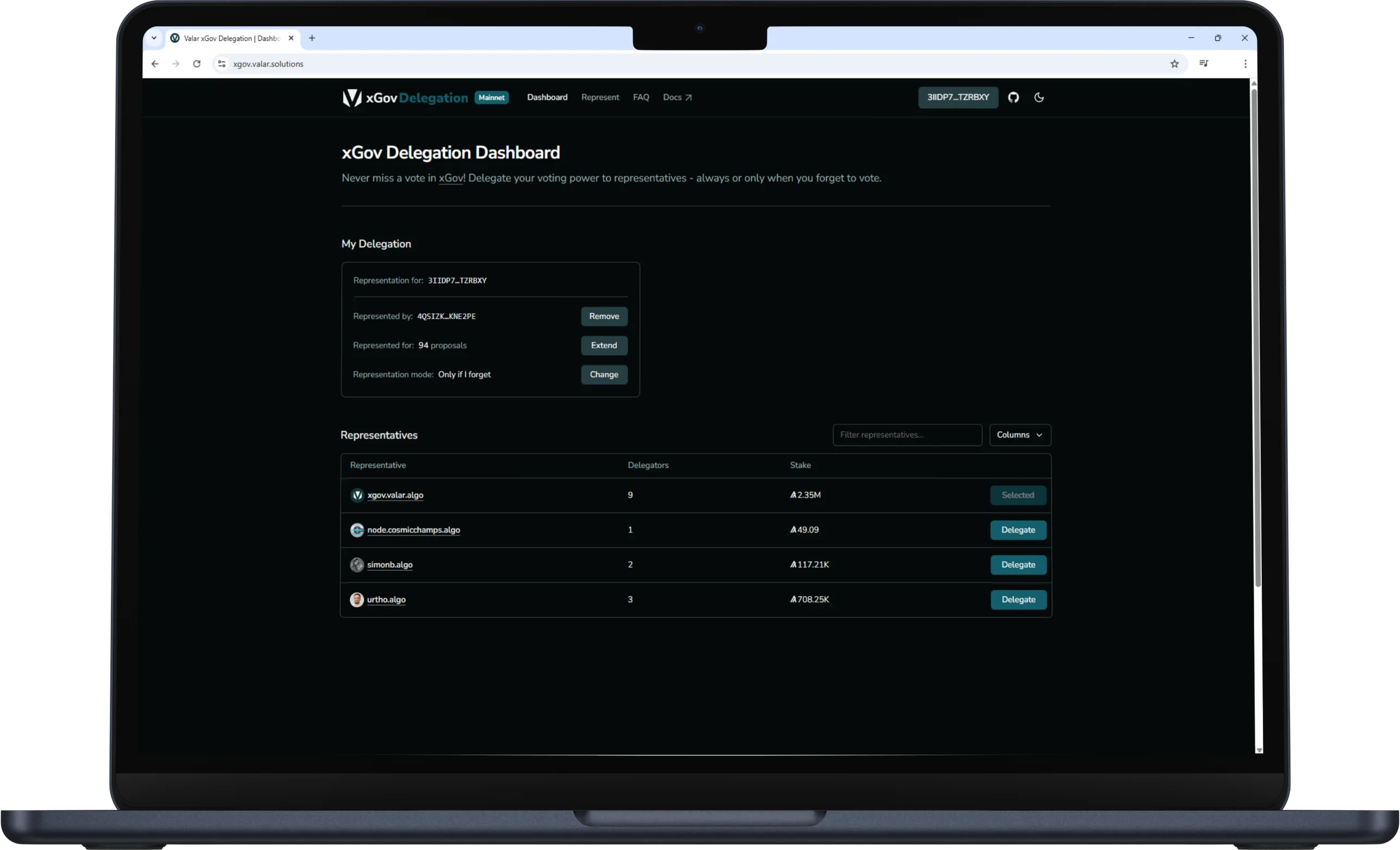 xGov Delegation app interface